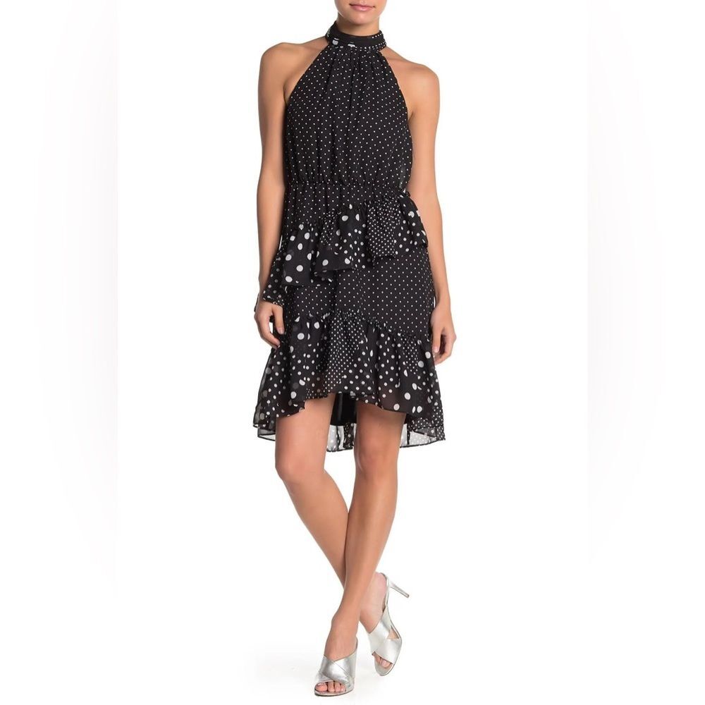 Betsey Johnson Polka Dot Halter Ruffle Swing Mini Dress Black White Size 8
